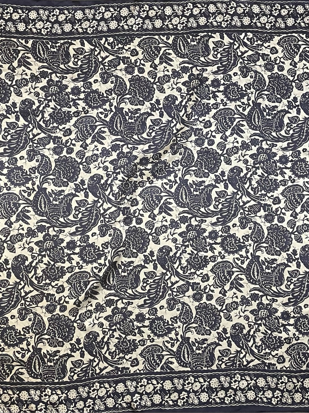 Vintage Scarf Navy Blue Cream Silk Parrot Bird Print Large 34 In Sq - Picture 2 of 10